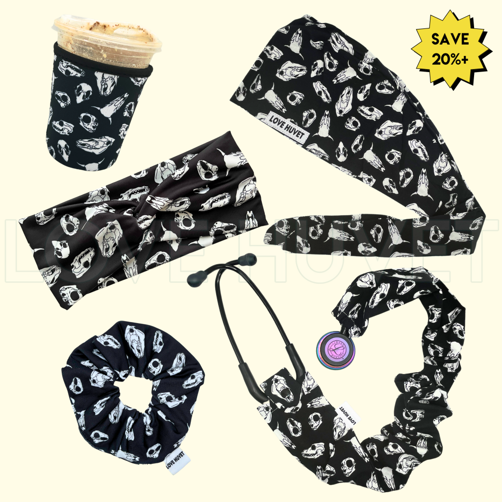 Animal Skulls Bundle – Scrub Cap, Headband, Scrunchie, Koozie, & Stethoscope Cover | 20%+ Off | Love Huvet